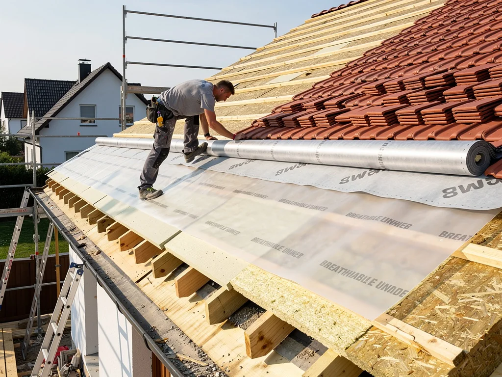 Pose d'un écran de sous-toiture avant la remise en tuiles de la couverture